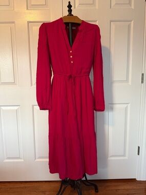 Ann Taylor Fuchsia Long Sleeve Midi Dress with Drawstring Waist